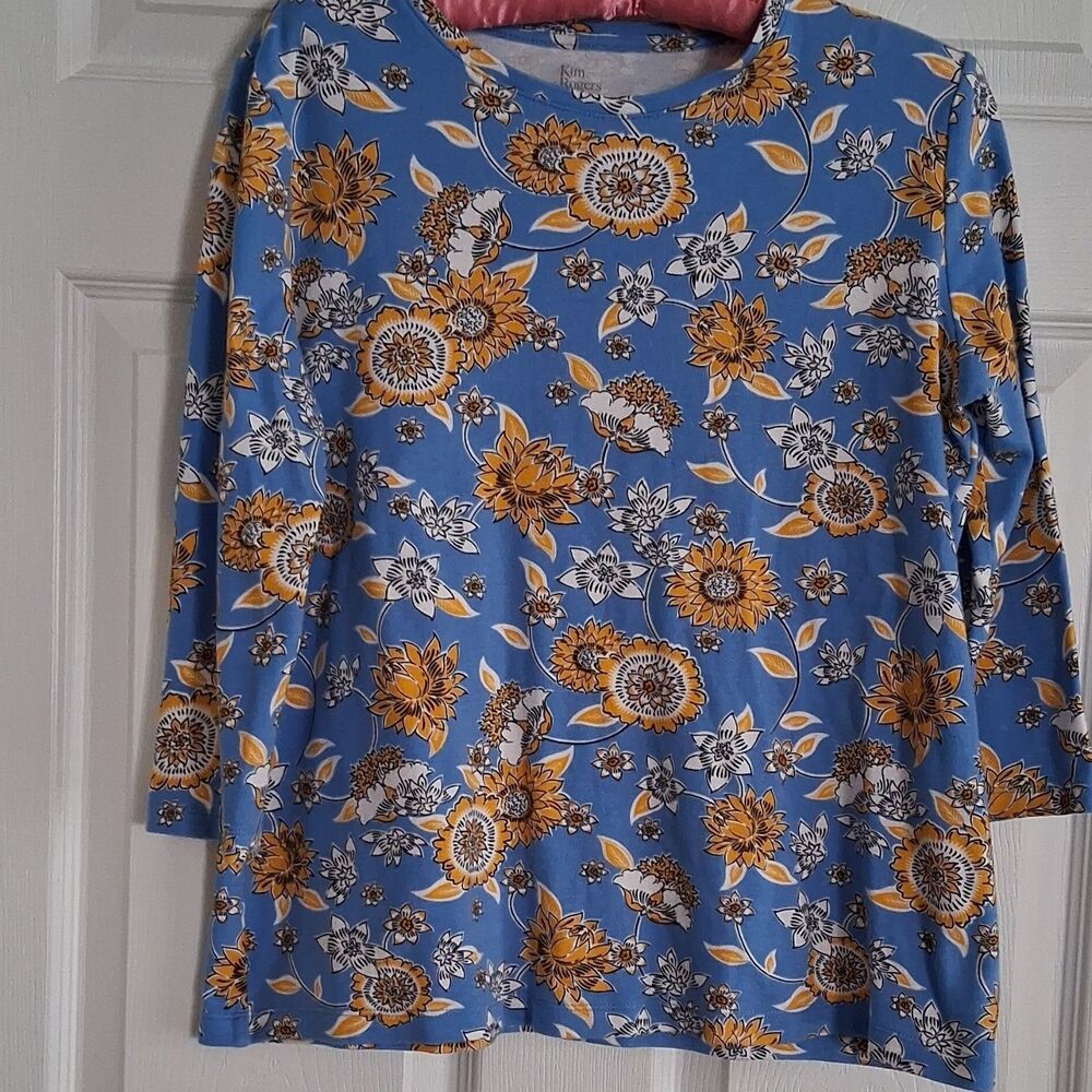 Kim Rogers Size S Women's Blue Yellow Floral Knit Cotton Long Sleeve Top